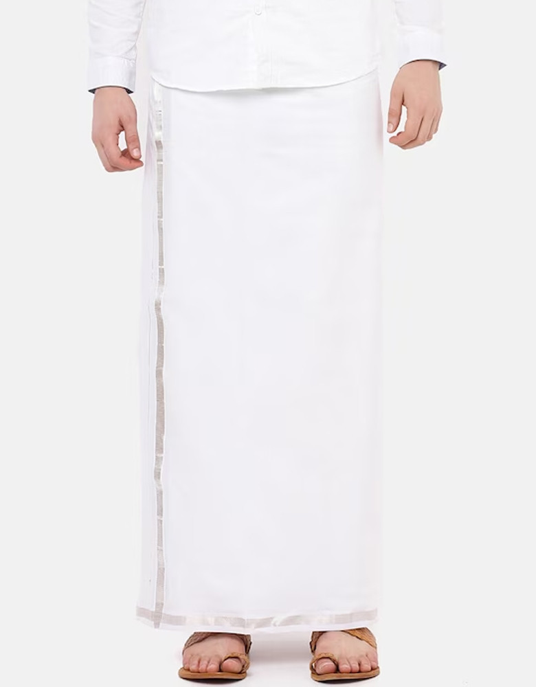 Men White Pure Cotton Double Layer Dhoti With Silver Zari Border