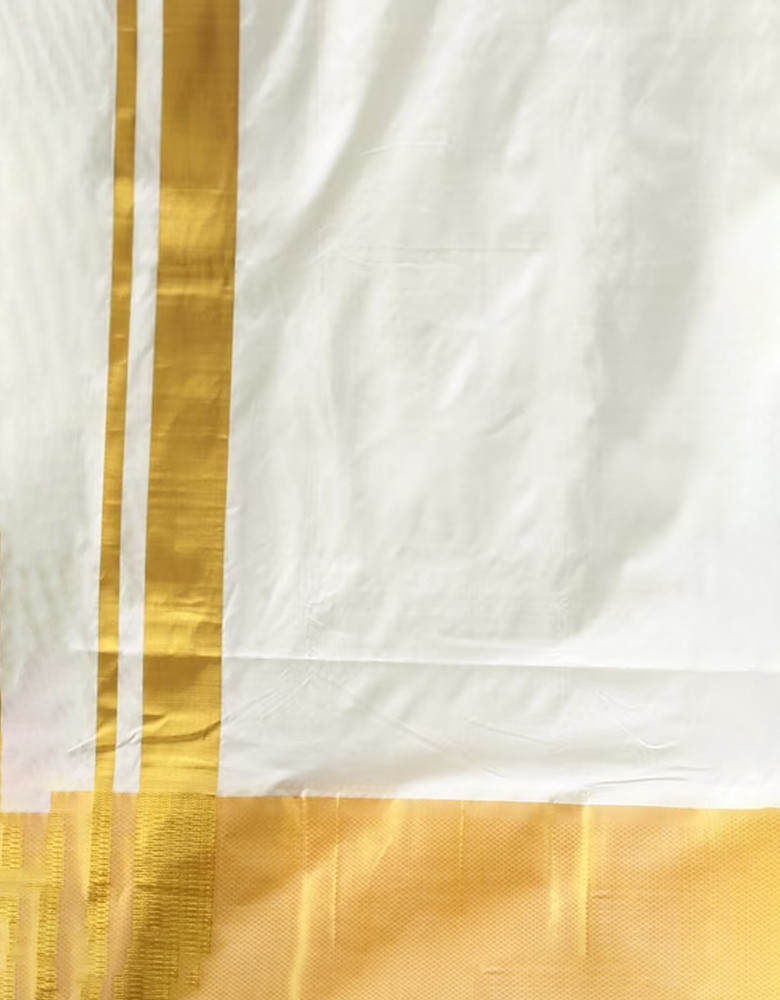 Mens Pure Silk Single Layer Cream-Coloured Dhoti with gold zari Border