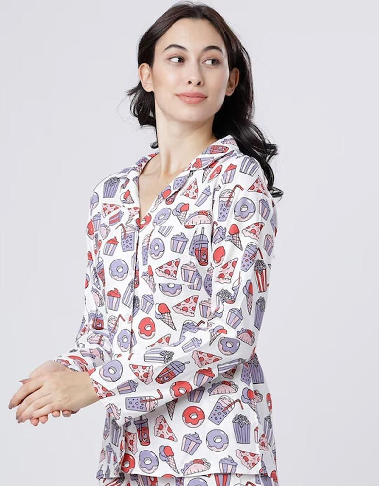 Women White Blue Regular Fit Printed Nightdress