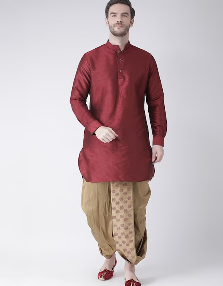 Men Beige & Maroon Printed Dupion Silk Dhoti