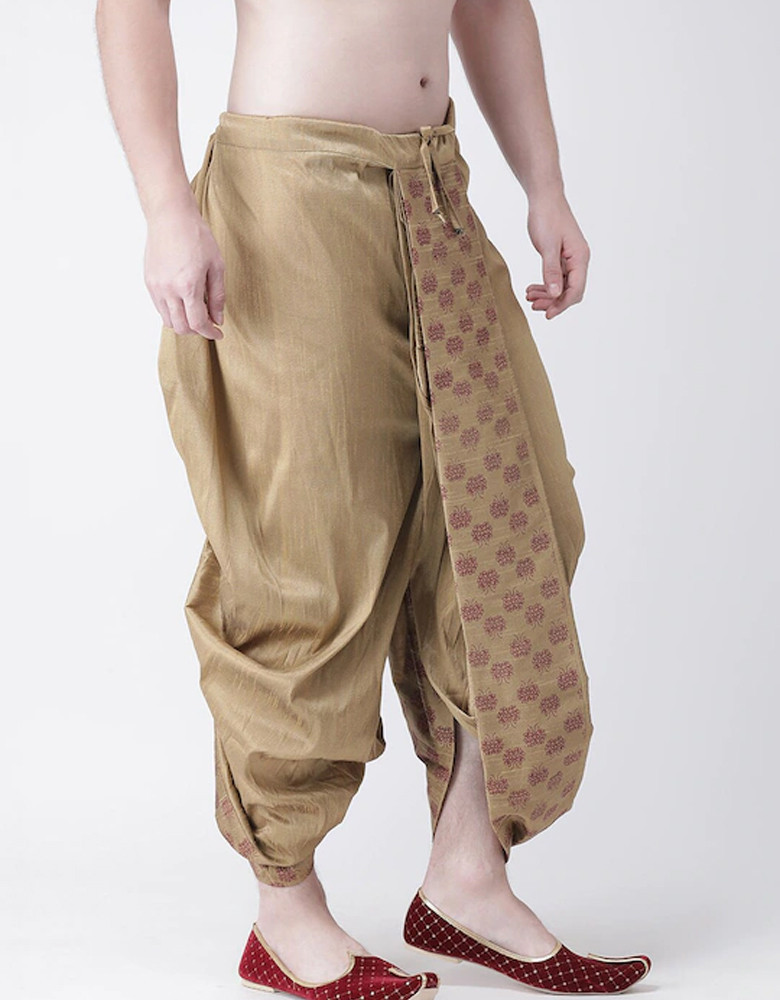 Men Beige & Maroon Printed Dupion Silk Dhoti