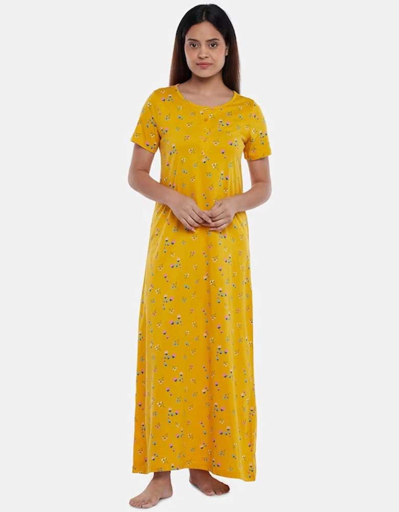 Mustard Printed Maxi Nightdress