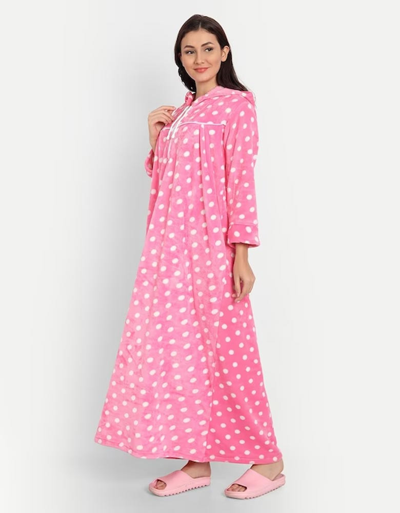 Women Pink Printed Hooded Maxi Nightdress