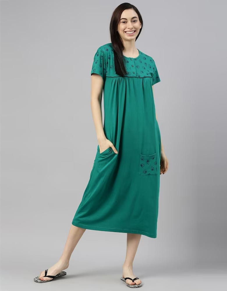 Women Sea Green Printed Cotton Nightdress