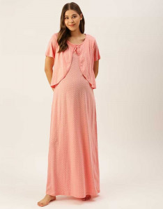 Peach-Coloured Polka Dot Print Bow Detail Layered Cotton Maxi Maternity Nightdress