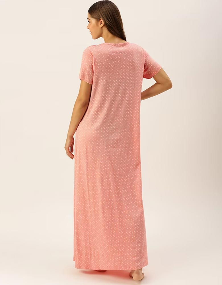 Peach-Coloured Polka Dot Print Bow Detail Layered Cotton Maxi Maternity Nightdress