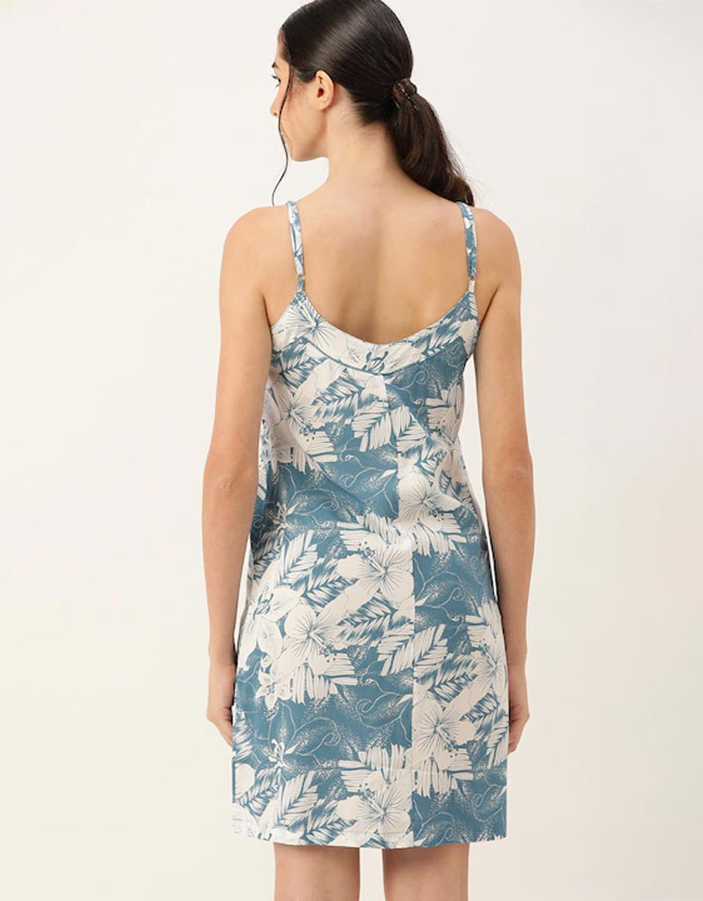 Women Off White & Blue Printed Nightdress