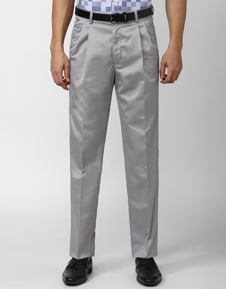 Men Solid Mid Rise Pure Cotton Pleated Formal Trousers