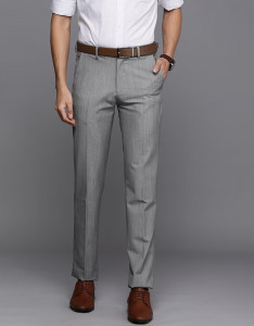 Men Grey Self Designed Slim Fit Pure Cotton Formal Trousers