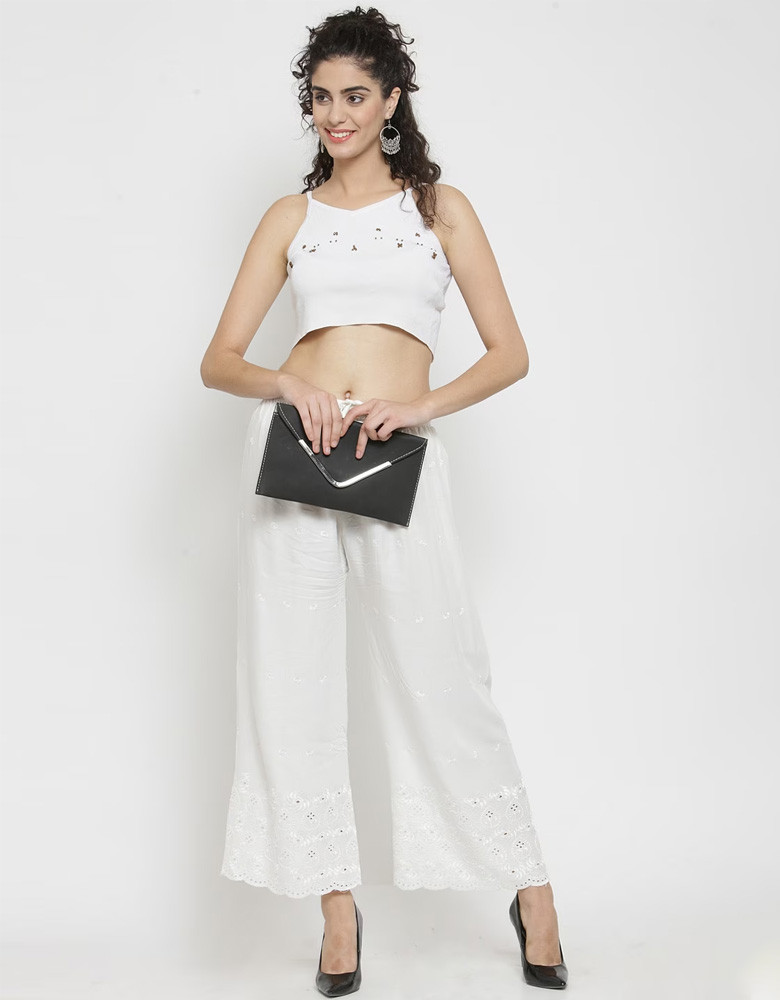 Women White Embroidered Straight Palazzos