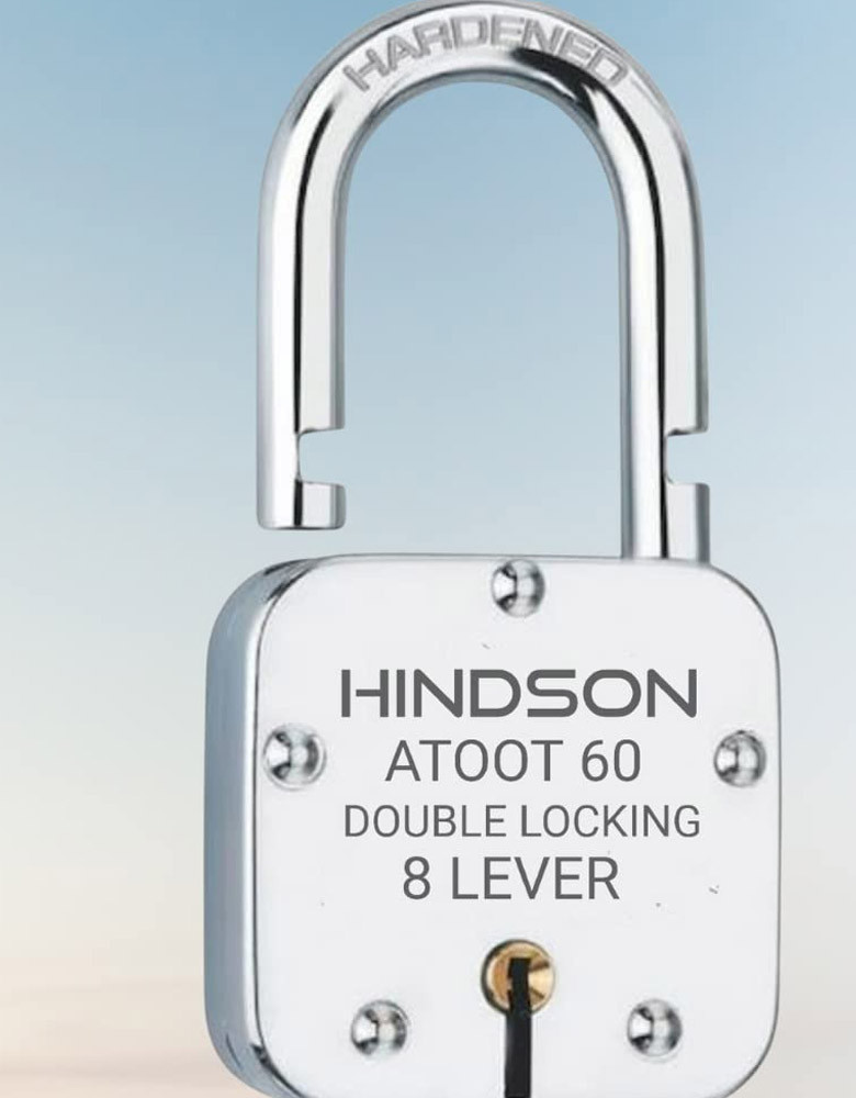 HINDSON Lock and Key Atoot 60mm with 3 Key, Atoot Steel Hardened Shackle Double Locking, 8 Lever Padlock for Door, Gate, Shutter ( Finish Silver ) (ATOOT 60 Hardened)