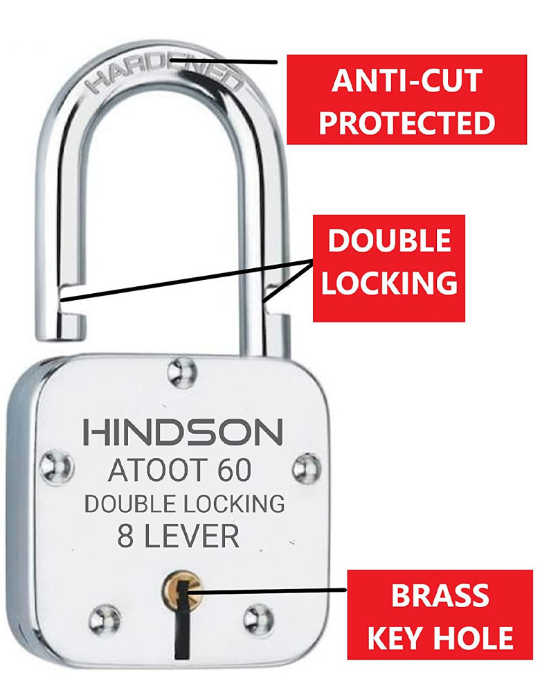 HINDSON Lock and Key Atoot 60mm with 3 Key, Atoot Steel Hardened Shackle Double Locking, 8 Lever Padlock for Door, Gate, Shutter ( Finish Silver ) (ATOOT 60 Hardened)