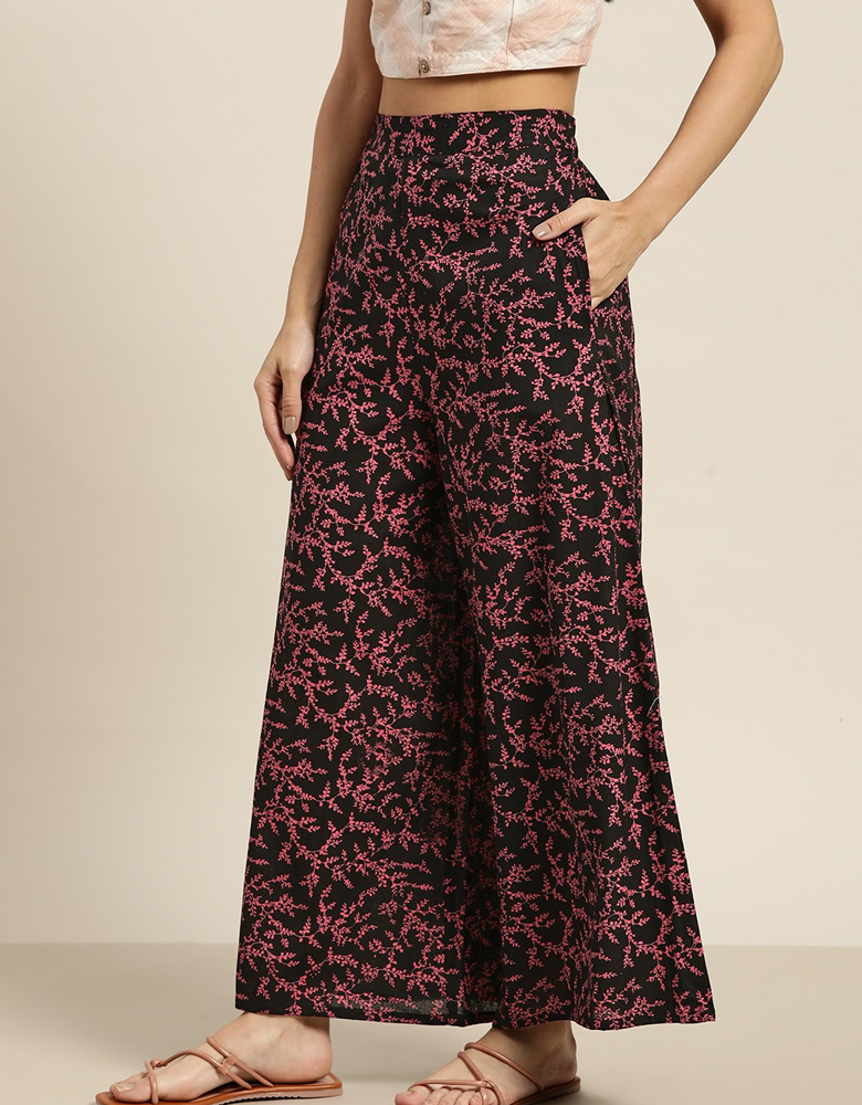 Women Black & Pink Pure Cotton Floral Printed Wide Leg Palazzos