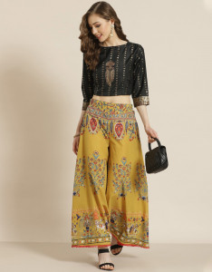 Women Mustard Yellow & Red Ethnic Motifs Printed Cotton Flared Palazzos