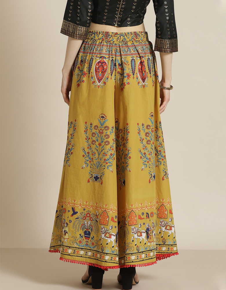 Women Mustard Yellow & Red Ethnic Motifs Printed Cotton Flared Palazzos