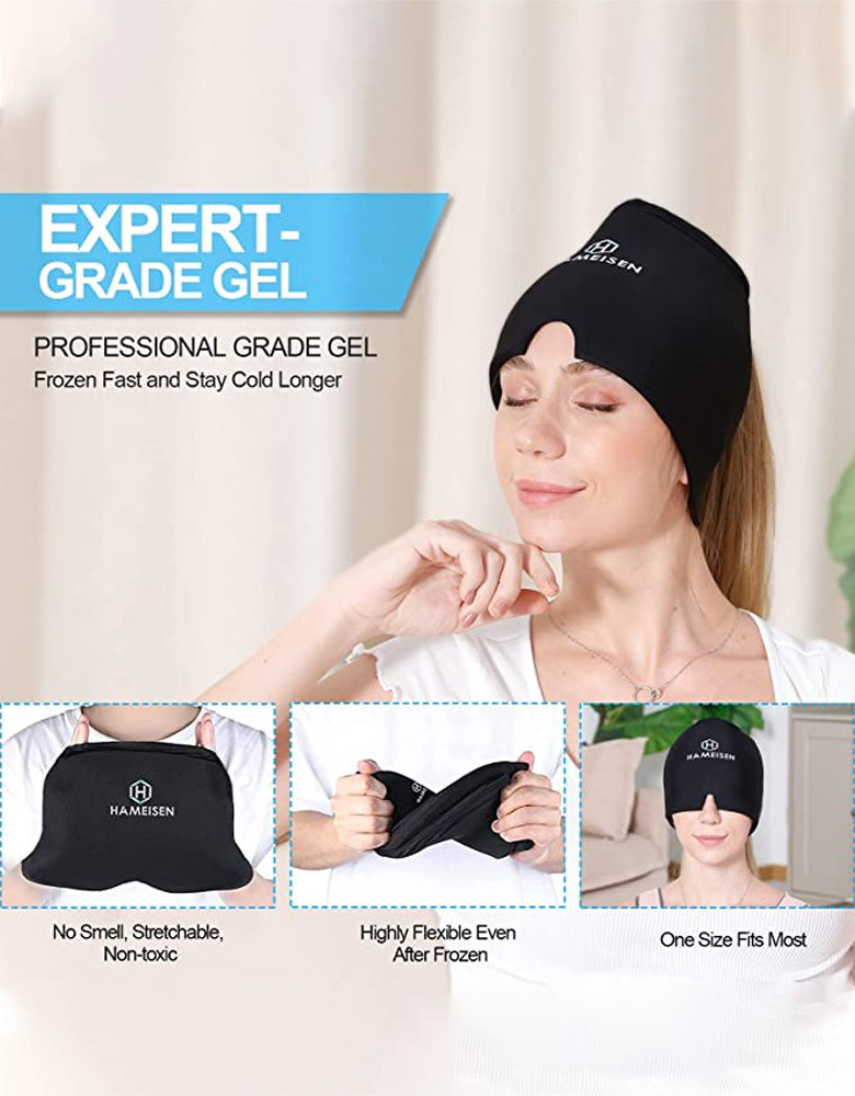 Gel Ice Headache Relief Hat, Wearable Cold Therapy Migraine Relief Cap, Comfortable & Stretchable Ice Pack Eye Mask for Puffy Eyes, Tension and Stress Relief