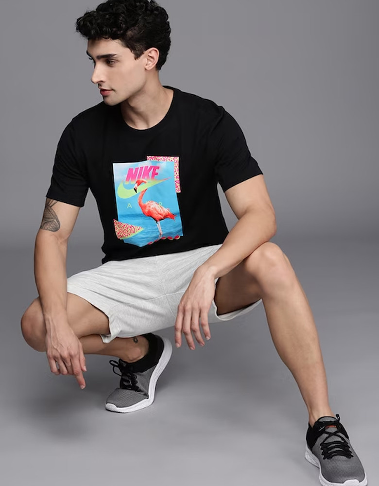 Men Black Printed Pure Cotton Applique AS M NSW TEE BEACH FLAMINGO FS T-shirt