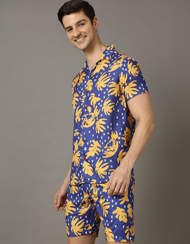 Men Blue & Yellow Printed Nightsuit