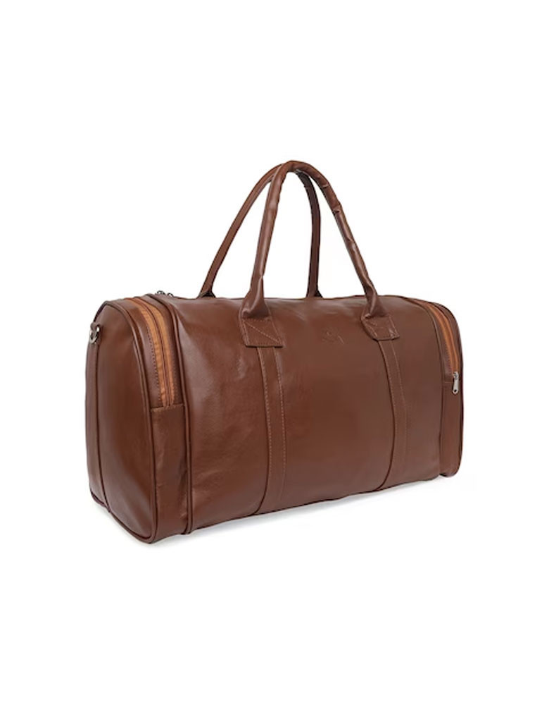 Tan Solid Leather Travel Duffle Bag