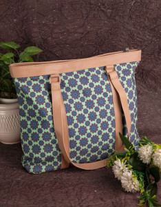 Green & Blue Floral Printed Tote Bag