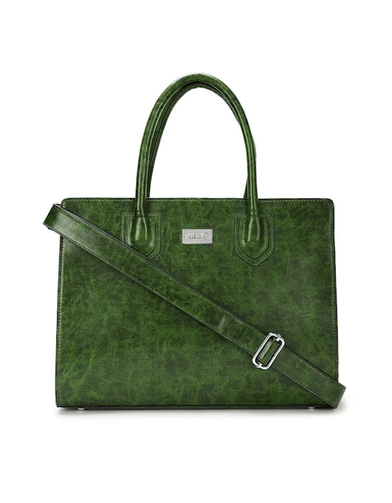 Olive Green Textured PU Shopper Handheld Bag