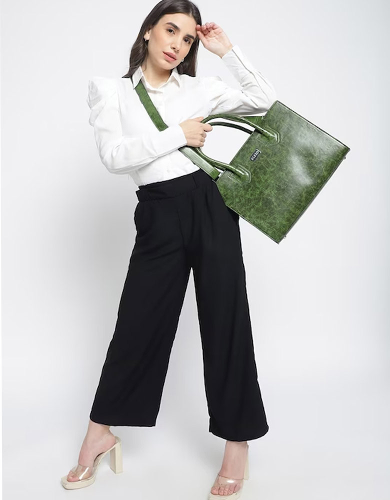 Olive Green Textured PU Shopper Handheld Bag