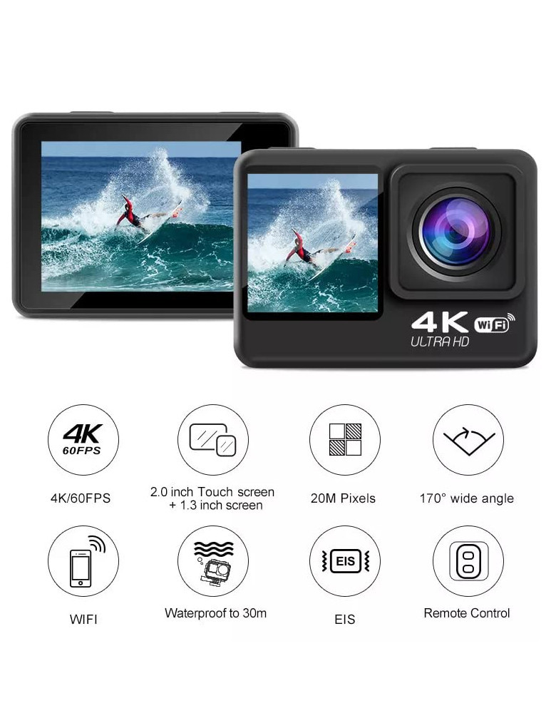 FNX® 4K 60fps Dual Touch Screen Sports Camera Waterproof Underwater Camera with Anti-Shake Stabilization,20MP, 4X Digital Zoom, Support WiFi and 2.4G Remote Control for Outdoor Sports,Travel,