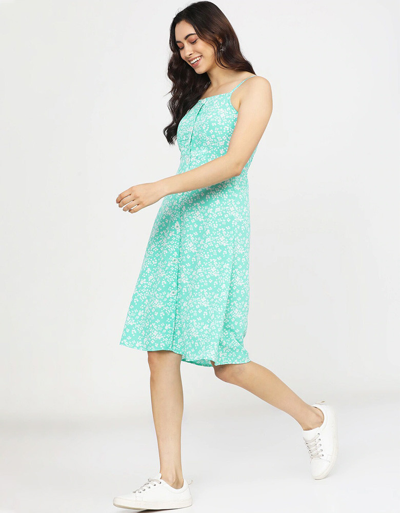 Women Turquoise Blue & White Floral Printed Crepe Dress