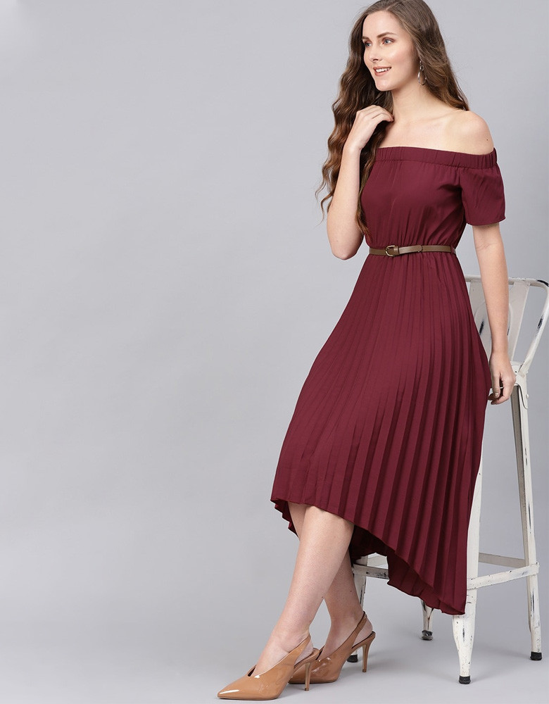 Maroon Accordion Pleats A-Line Dress