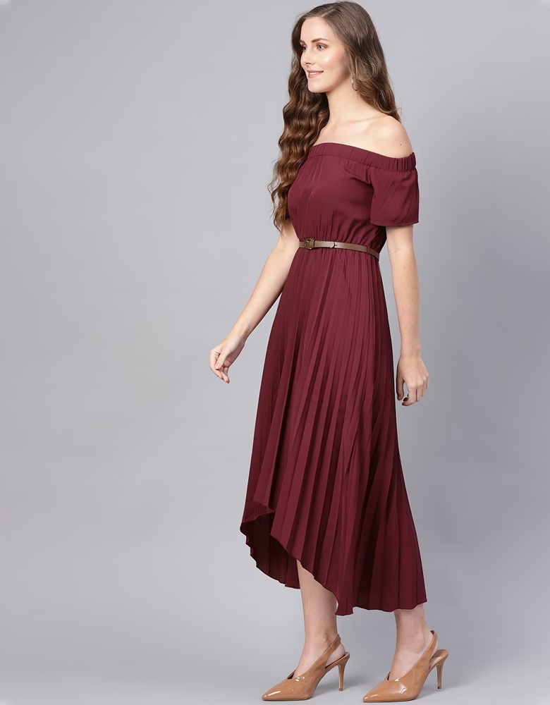 Maroon Accordion Pleats A-Line Dress