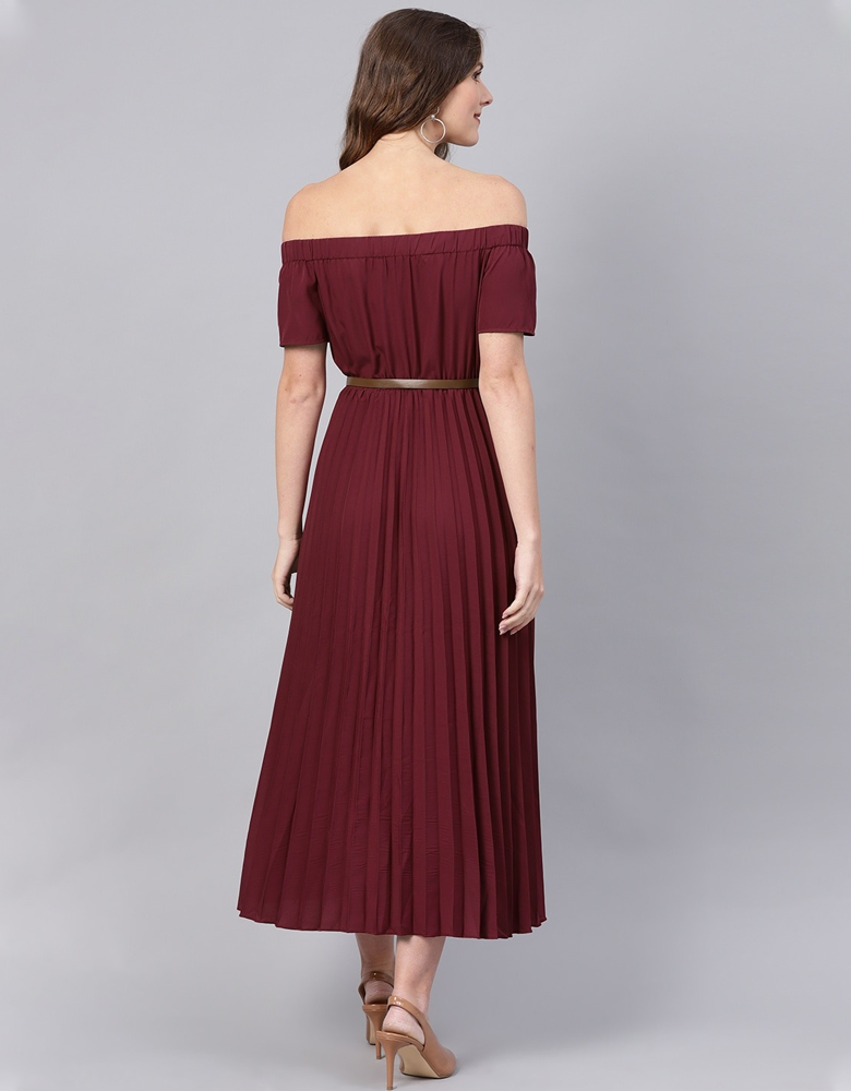 Maroon Accordion Pleats A-Line Dress