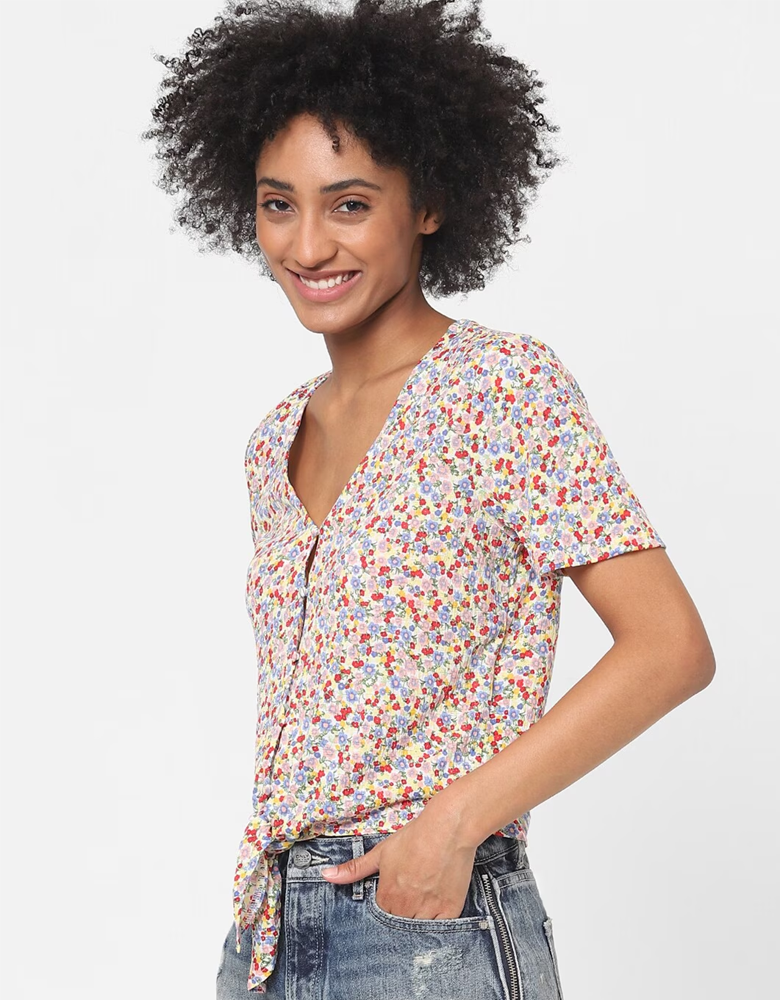 Women White & Blue Floral Print Top