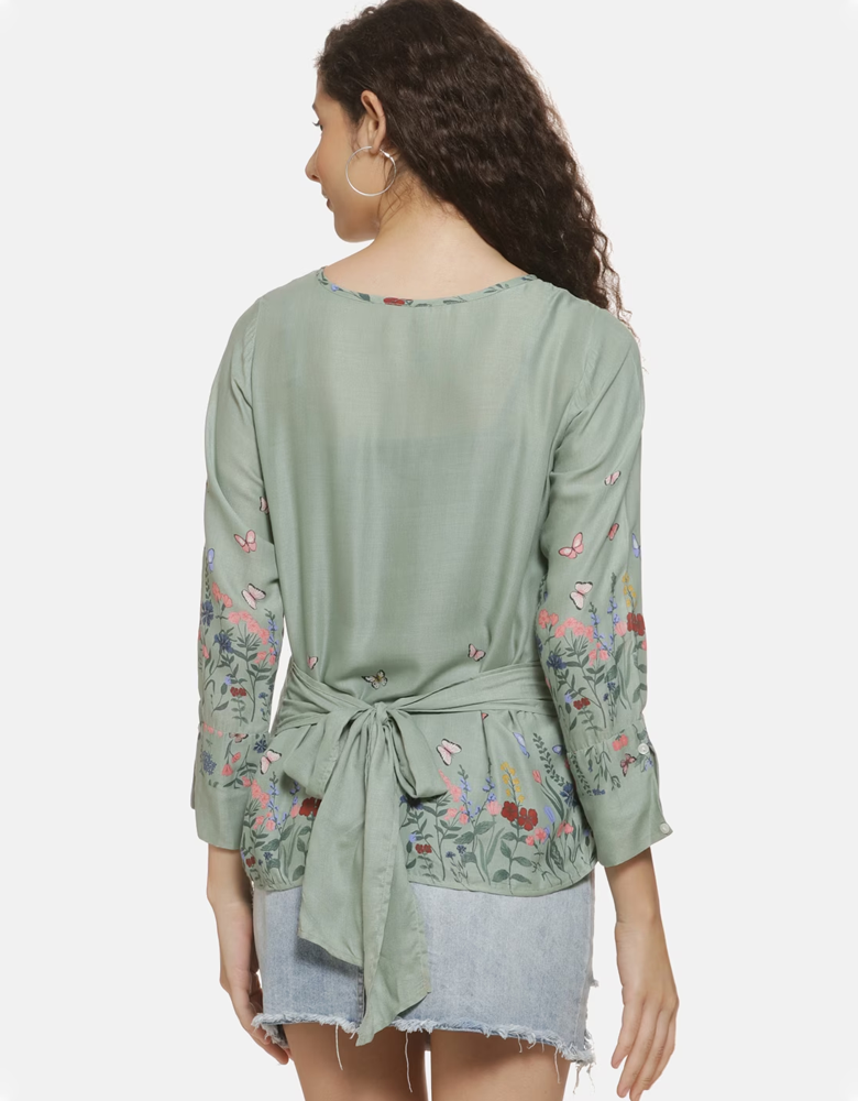 Teal Green Floral Boat Neck Top