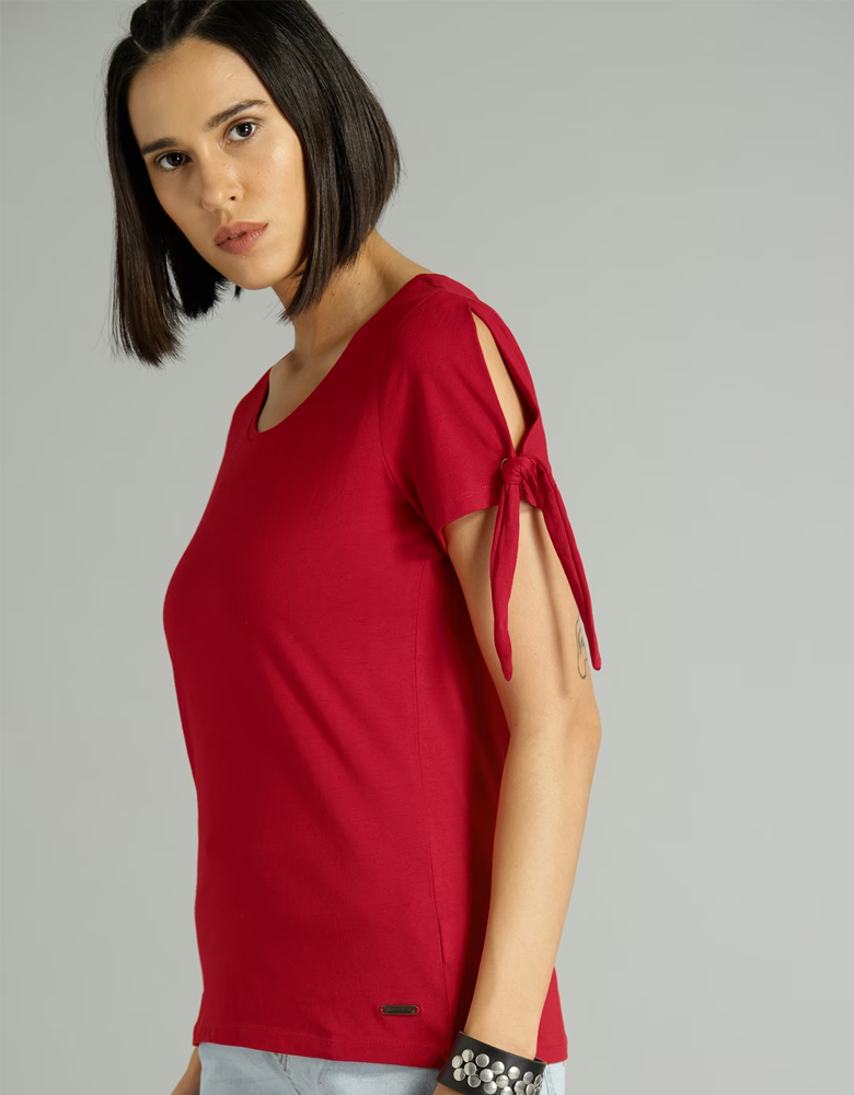 Women Red Solid Pure Cotton Top