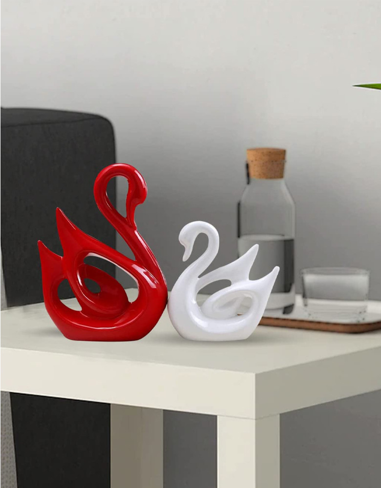 Lucky Swan Couple Piano Finish Ceramic Figures for Home Decor (Set of 2 Pc, Large, White Red)