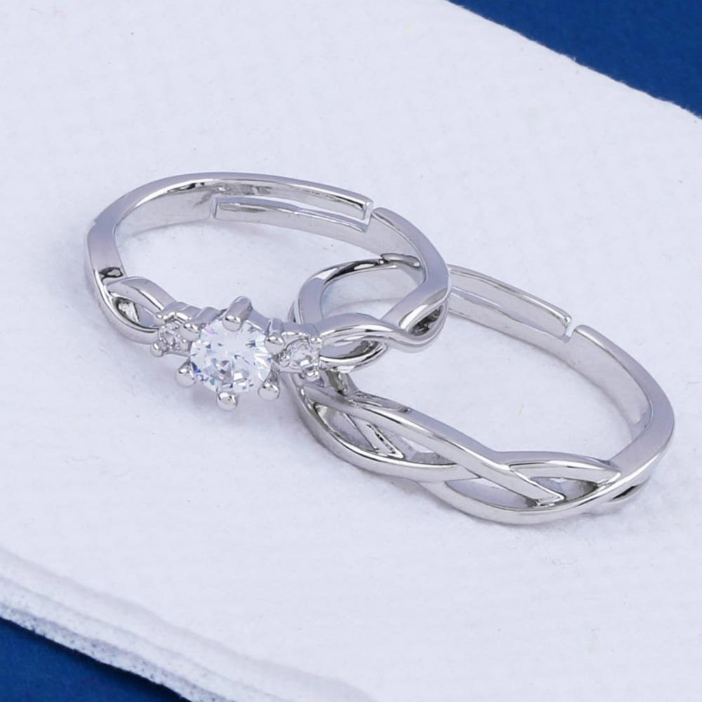 Set Of 2 Silver-Plated White CZ-Studded Couple Adjustable Finger Rings