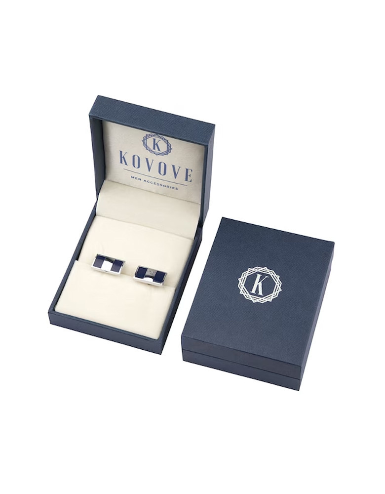 Men Silver-Toned & Navy Blue Colour blocked Rectangle Cufflinks