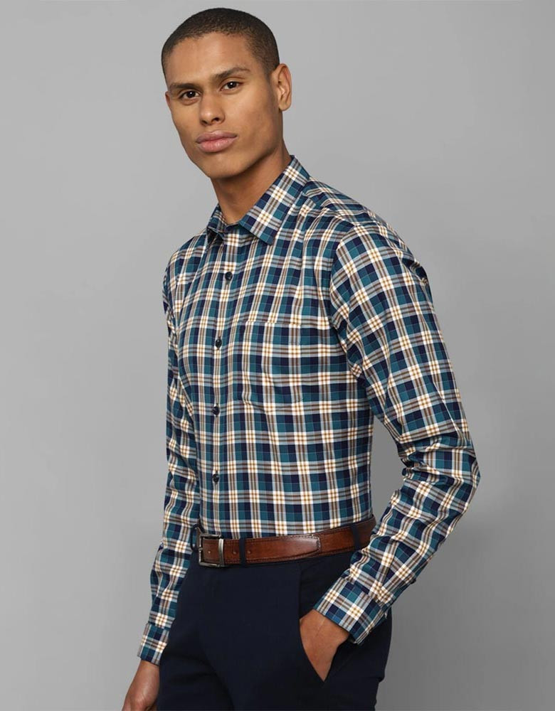 Men Beige Slim Fit Checked Cotton Formal Shirt