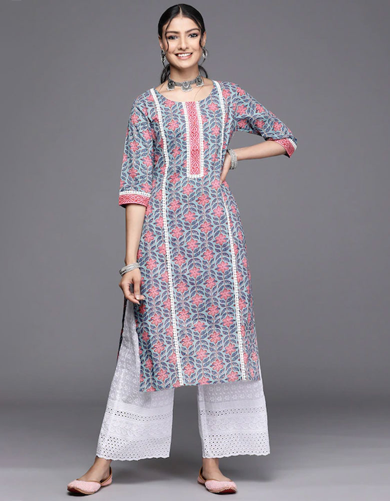 Women Blue & Pink Floral Motifs Printed Kurta