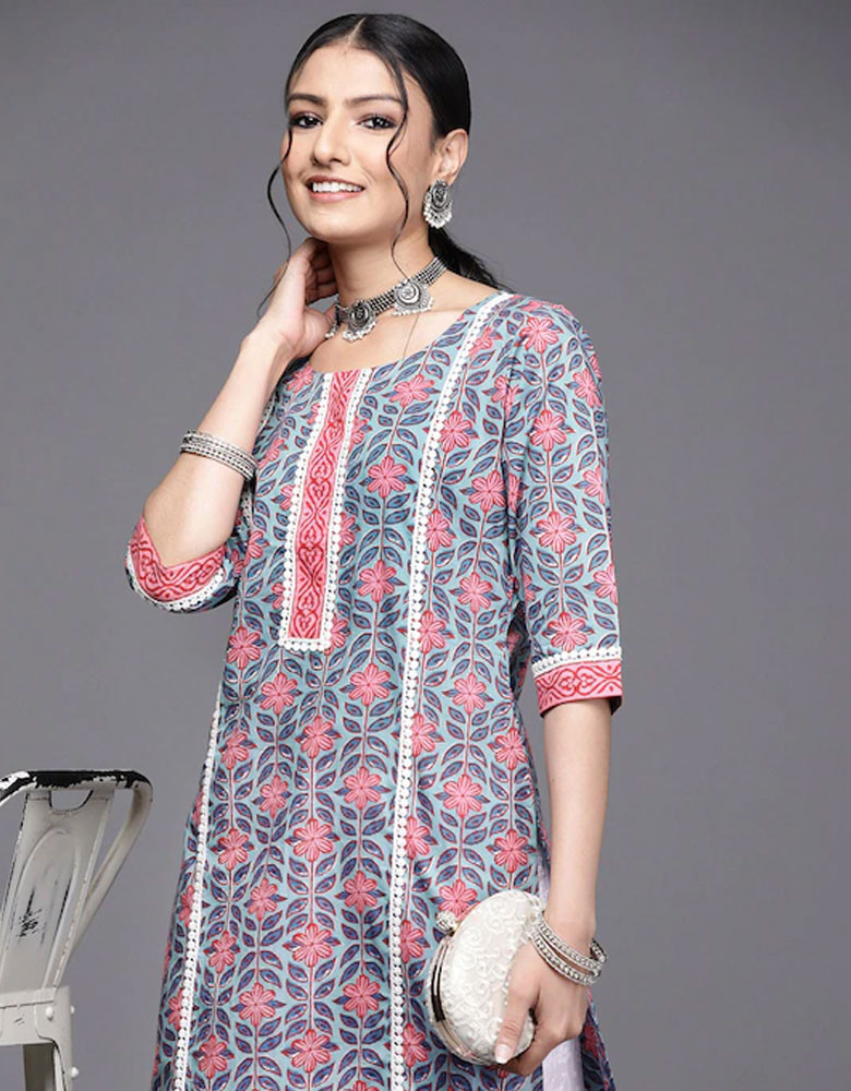 Women Blue & Pink Floral Motifs Printed Kurta