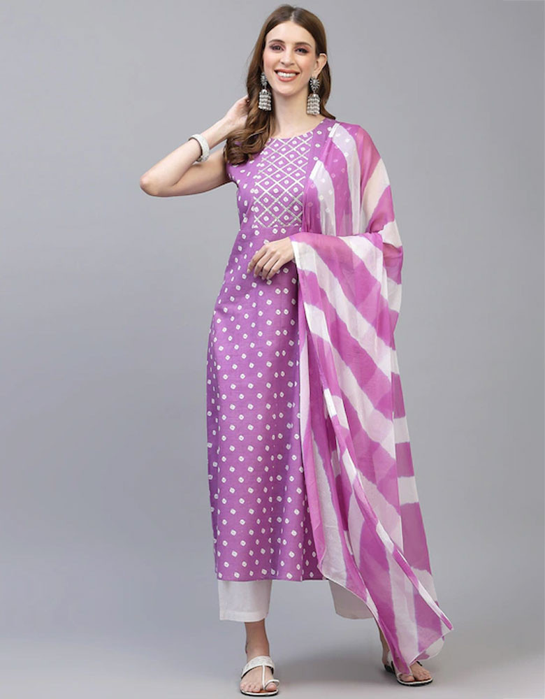 Women Purple Geometric Printed Kurta with Dupatta