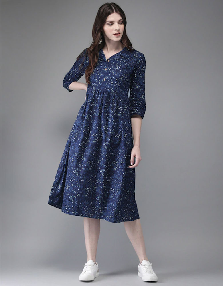 Women Navy Blue Printed A-Line Kurta