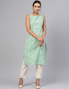 Women Green & White Floral Printed Straight Kurta