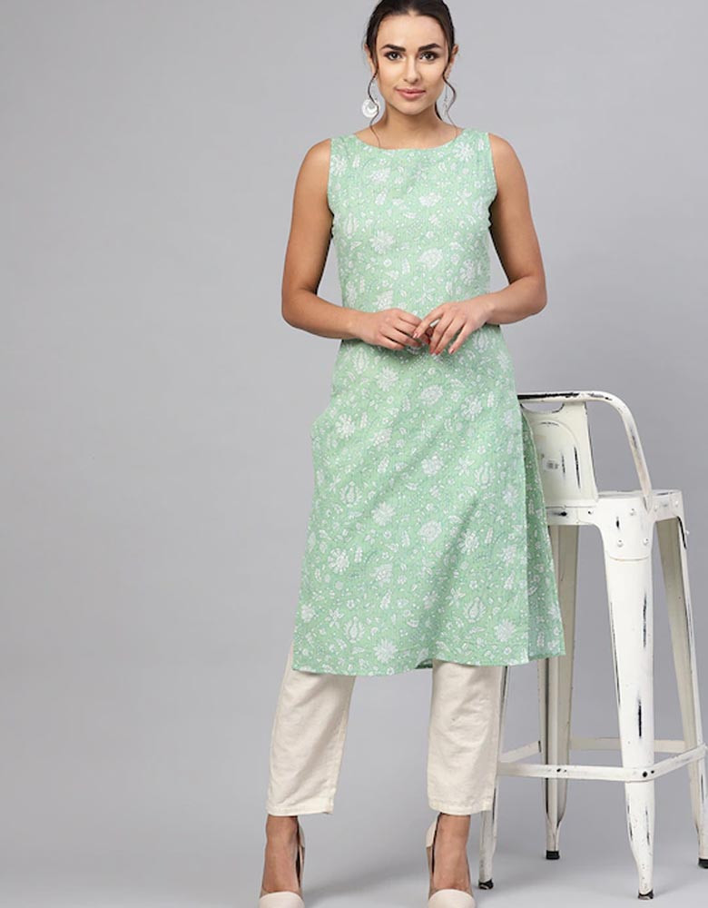 Women Green & White Floral Printed Straight Kurta