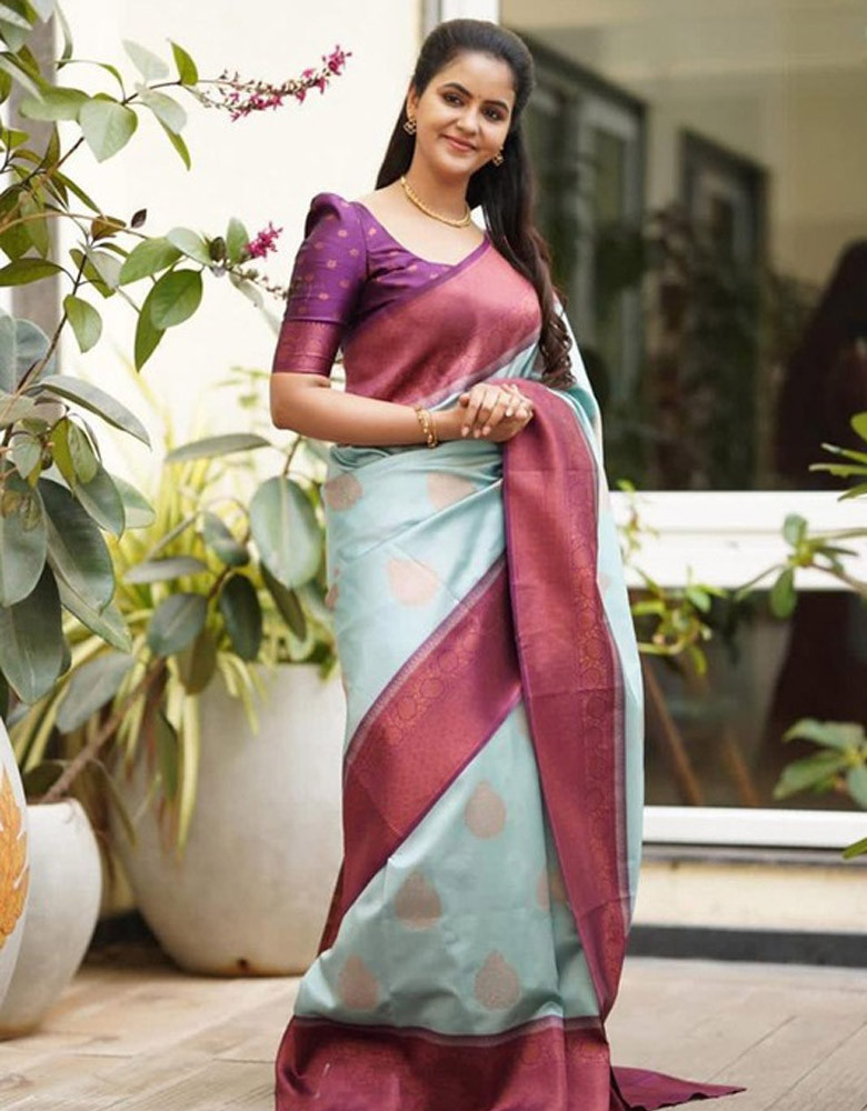 Sea Green & Purple Floral Zari Pure Silk Banarasi Saree